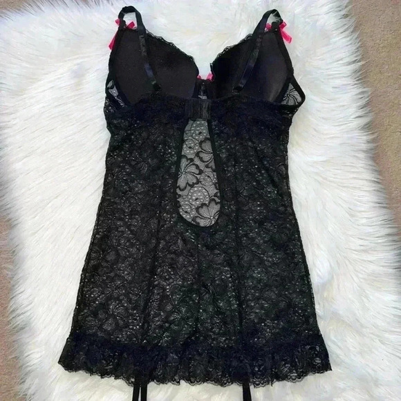 Dreamgirl Lingerie Y2K Black Floral Lace Babydoll Dress Medium Garters Neon Pink - Picture 6 of 8